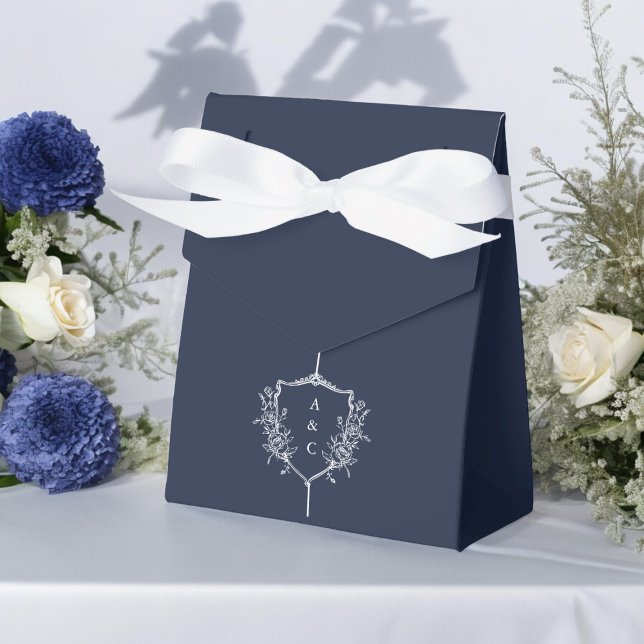 Minimalist Thank You Wedding  Navy Blue Favor Boxes (beautiful navy blue wedding  favor box with a white crest with initials )