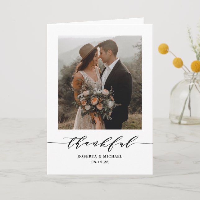Minimalist Thankful Script Wedding Folded Letterpress Thank You Card (Front)