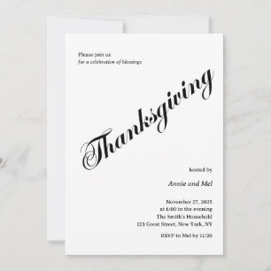 Minimalist Thanksgiving Dinner Black White Invitation