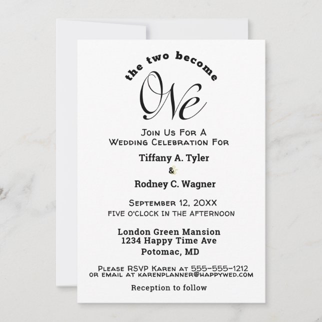 Minimalist The Two Become One White Wedding Invitation (Front)