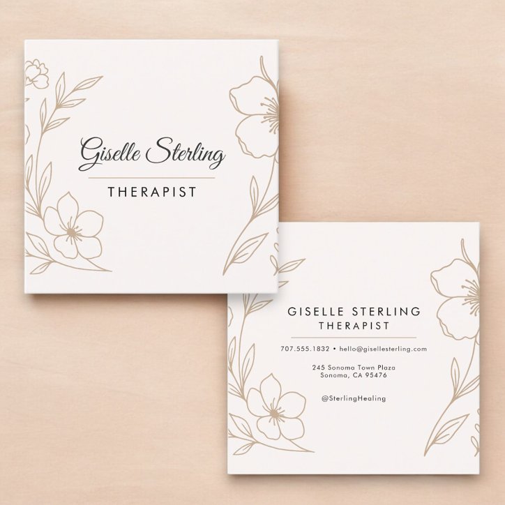 Minimalist Therapist Botanical Blush Black Square Business Card