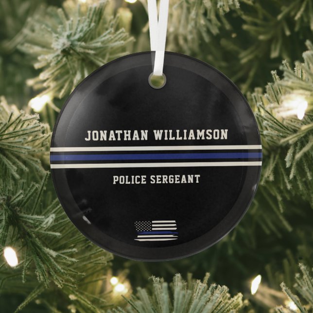 Minimalist Thin Blue Line Police Officer Custom Glass Ornament (Insitu)