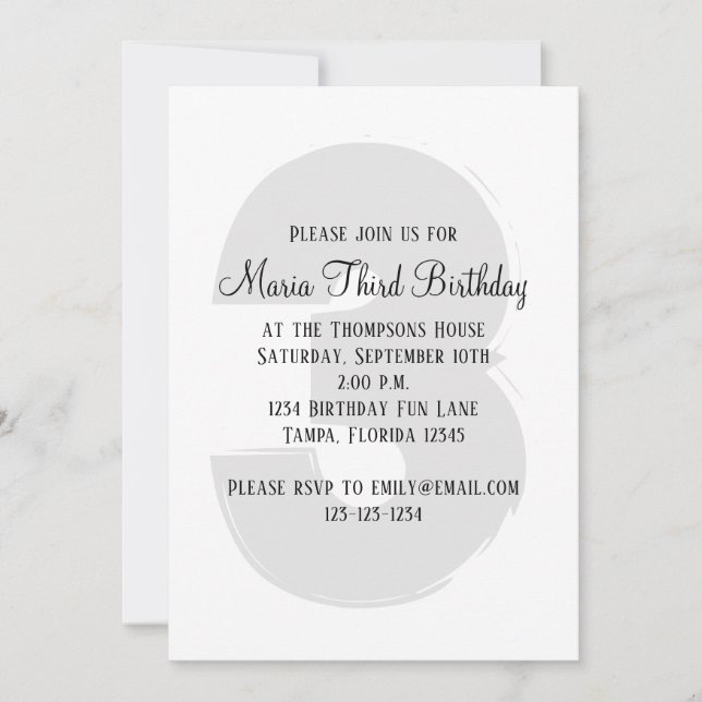 Minimalist Third Birthday Gender Neutral Invitation (Front)