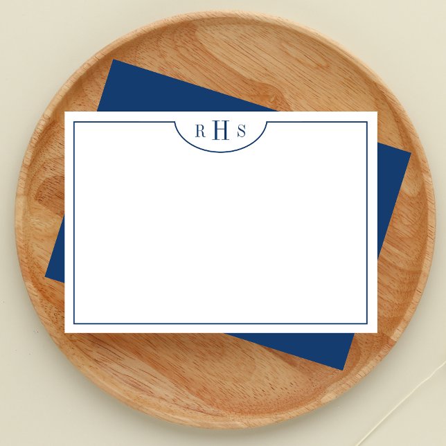 Minimalist Three Monogram One Border | Navy Blue Note Card (Creator Uploaded)