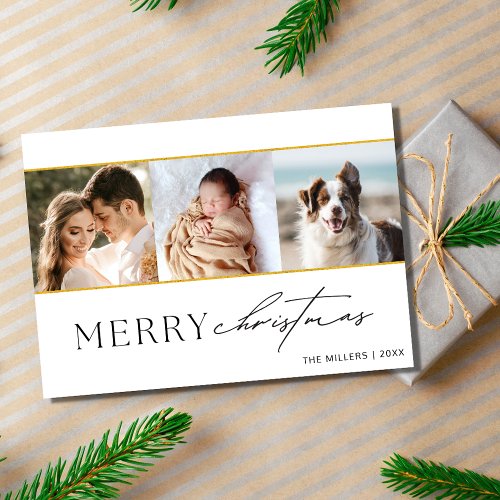 Minimalist Three Photo Family Christmas  Holiday Card
