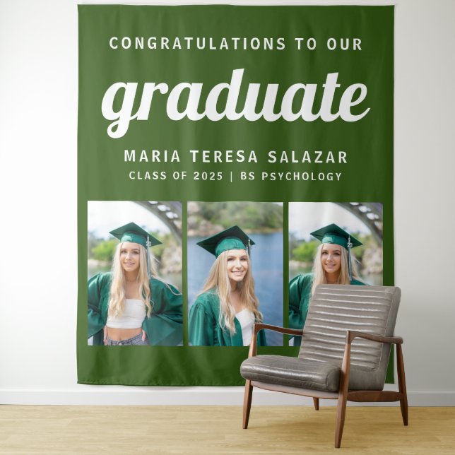 Minimalist Three Photo Graduation Tapestry | Green (In Situ)