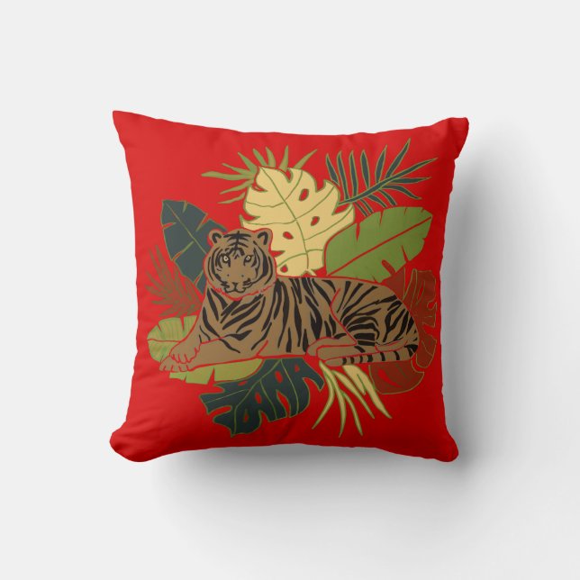 Minimalist Tiger On Jungle Leaves Red  Throw Pillow (Front)