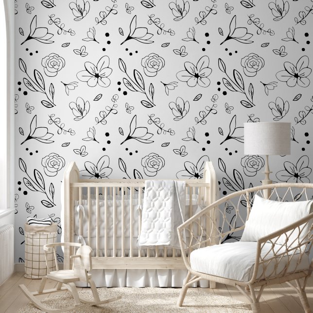 Minimalist timeless black white floral pattern wallpaper  (Kids)