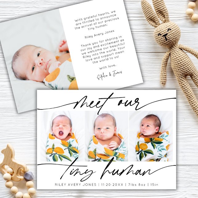 Minimalist Tiny Human Newborn Baby 3 Photo Collage Announcement (Creator Uploaded)