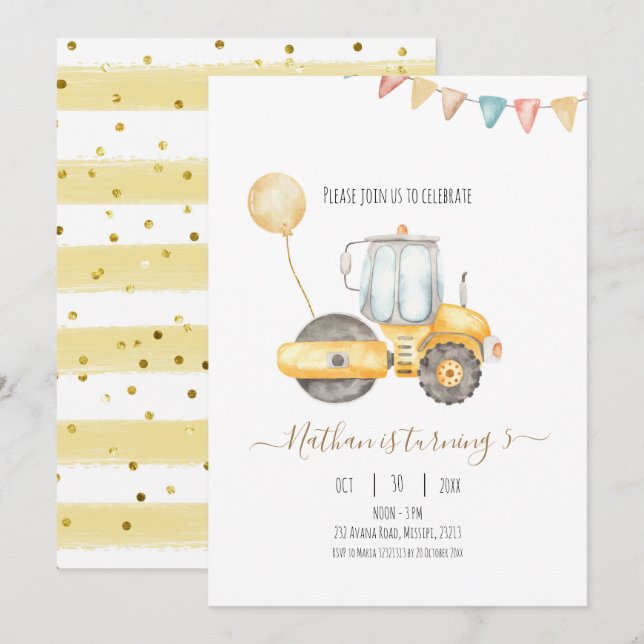 Minimalist Tractor Birthday Invitation (Front/Back)
