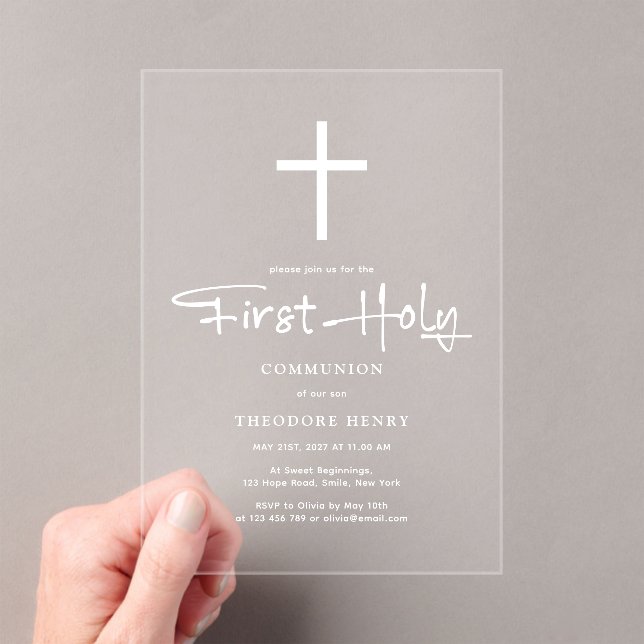 Minimalist Transparent Elegant First Communion Acrylic Invitations (Insitu (Handheld))