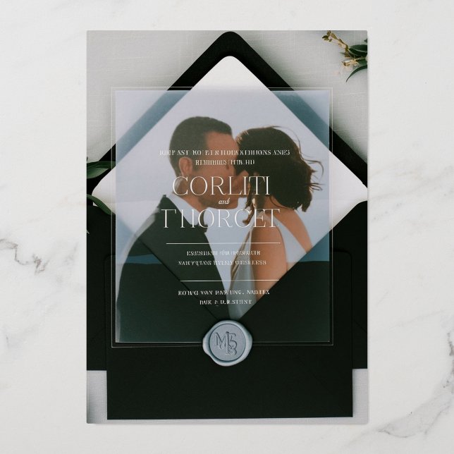 Minimalist Transparent Wedding Invitation with Bla Foil Invitation (Front)