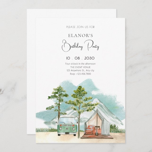 Minimalist travel nature birthday invitation (Front/Back)