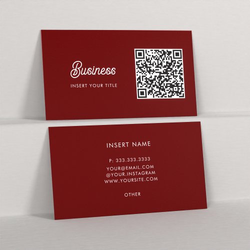 Minimalist Trendy Elegant QR Code Dark Red Business Card