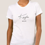 Minimalist Trendy Personalized Bride T-Shirt<br><div class="desc">Looking for a trendy minimalist gift for the bride? This modern shirt is perfect for the future mrs. to wear on the bachelorette or on her honeymoon! All text, including title and script names, can be changed. You can change the title to fit her wedding party, as well! (ex. Bridesmaid,...</div>