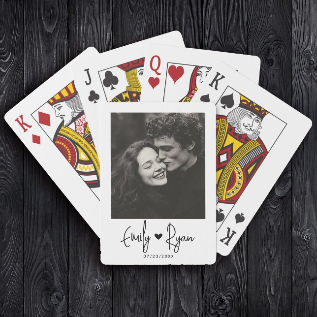 Minimalist Trendy Script Couple Photo Heart Custom Poker Cards (Creator Uploaded)