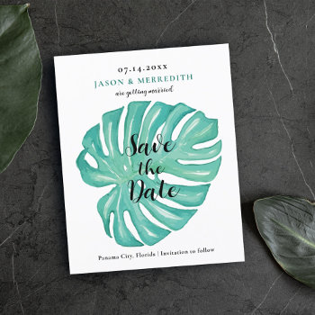 Minimalist Tropical Leaf Save The Date Card by marlenedesigner at Zazzle