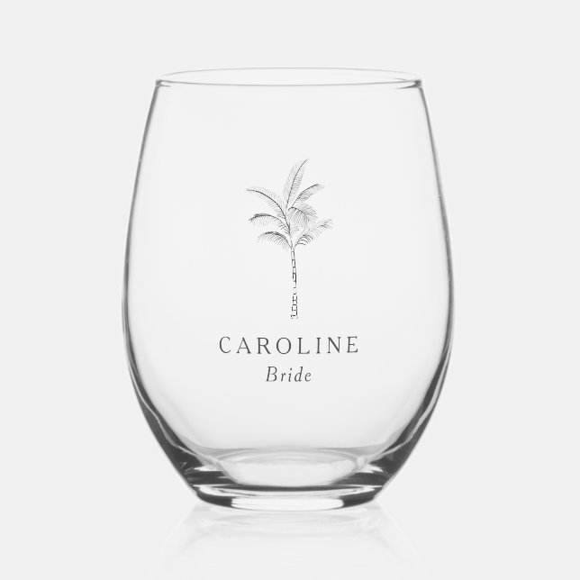 Minimalist Tropical Palm Tree Custom BRIDE Name Stemless Wine Glass (Front)