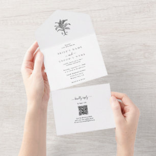 Minimalist Tropical Palm Tree Monogram Wedding All In One Invitation