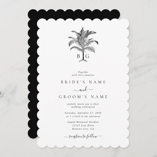 Minimalist Tropical Palm Tree Monogram Wedding Invitation (Front/Back)