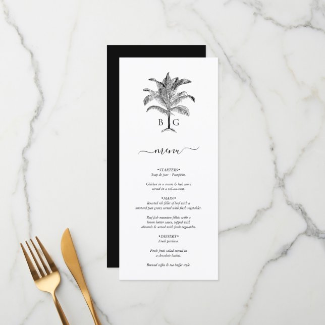 Minimalist Tropical Palm Tree Monogram Wedding Menu (Front/Back In Situ)