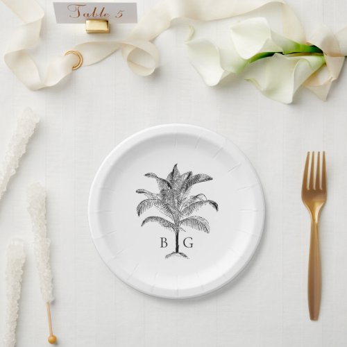 Minimalist Tropical Palm Tree Monogram Wedding Paper Plates