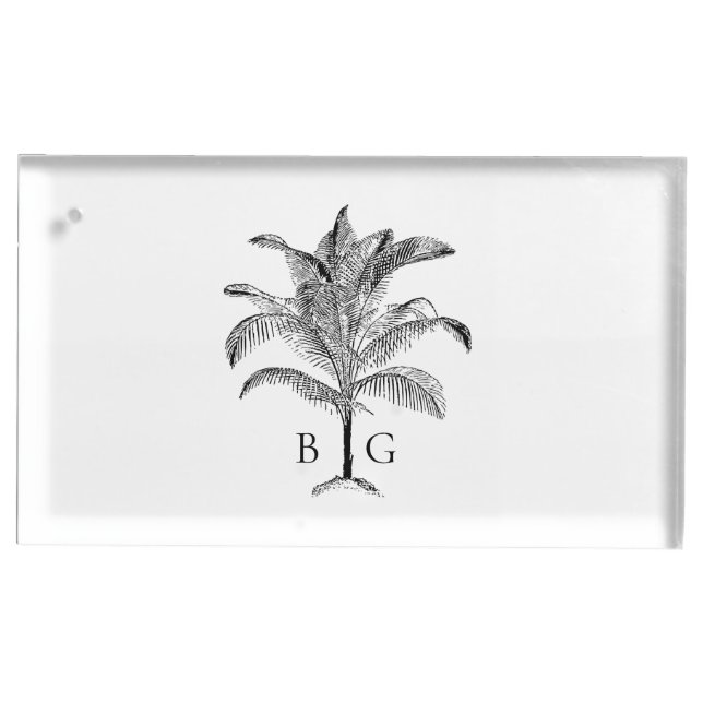 Minimalist Tropical Palm Tree Monogram Wedding Place Card Holder (Front)