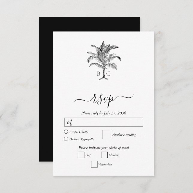 Minimalist Tropical Palm Tree Monogram Wedding RSVP Card (Front/Back)