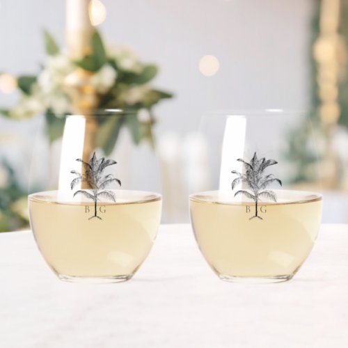 Minimalist Tropical Palm Tree Monogram Wedding Stemless Wine Glass