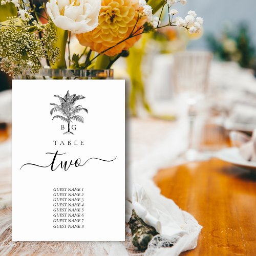 Minimalist Tropical Palm Tree Monogram Wedding Table Number
