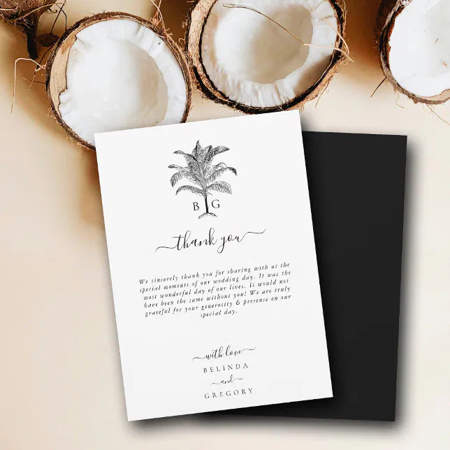 Minimalist Tropical Palm Tree Monogram Wedding Thank You Card | Zazzle