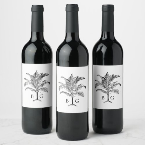 Minimalist Tropical Palm Tree Monogram Wedding Wine Label