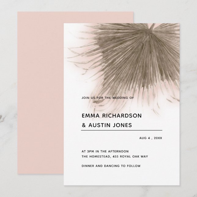 Minimalist Tropical Pink Palm Leaf Wedding Invitation (Front/Back)