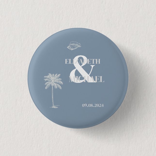 Minimalist Tropical Wedding Dusty Blue Button (Front)
