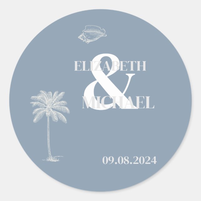 Minimalist Tropical Wedding Dusty Blue Classic Round Sticker (Front)