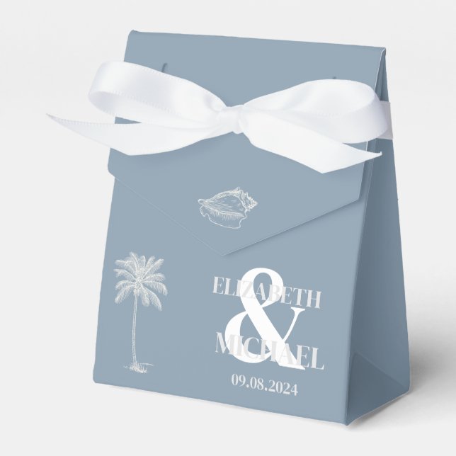 Minimalist Tropical Wedding Dusty Blue Favor Boxes (Front Side)