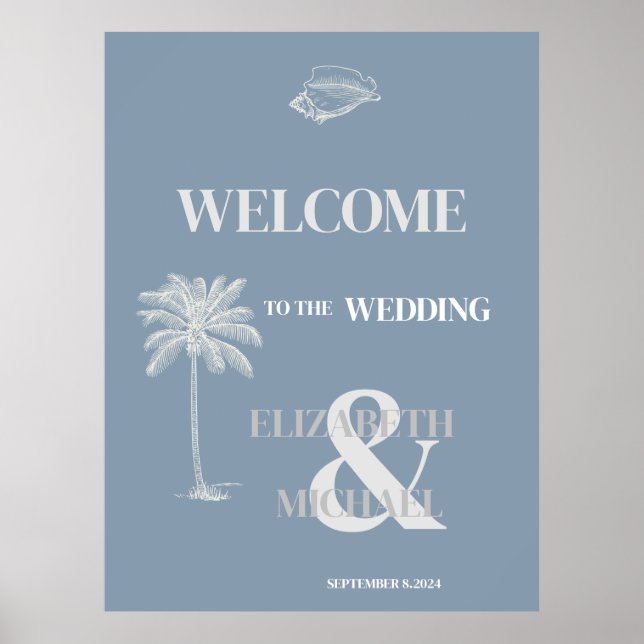 Minimalist Tropical Wedding Dusty Blue  Poster (Front)