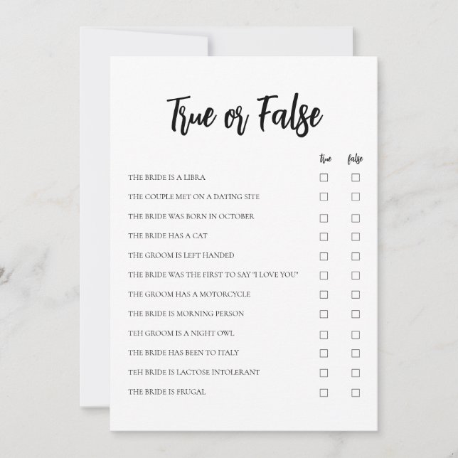 Minimalist True or False Bridal Game Card (Front)