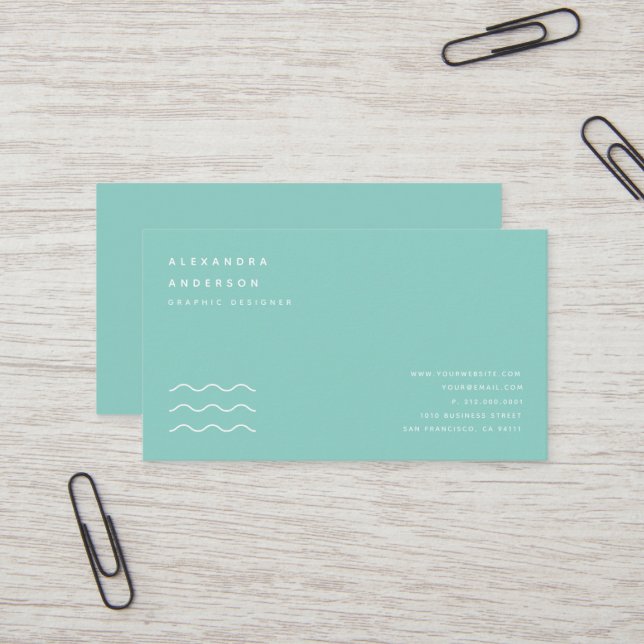Minimalist Turquoise Blue & White Business Card (Front/Back In Situ)