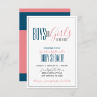 minimalist twin GENDER REVEAL shower NAVY & CORAL Invitation