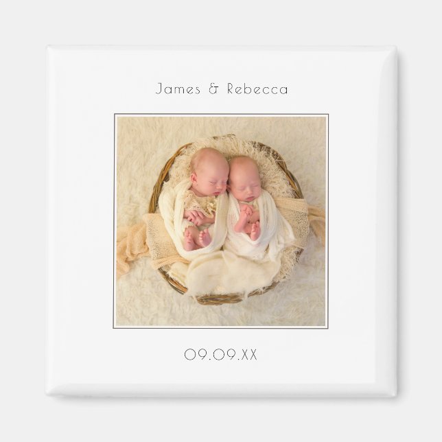 Minimalist Twins Photo Birth Announcement Magnet (Front)