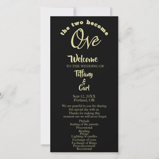 Minimalist Two Become Black & Gold Wedding Program (Front)