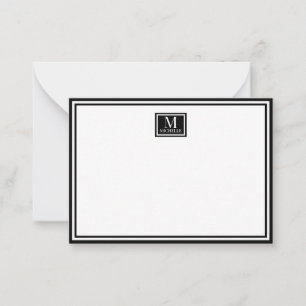 Minimalist Two Boarder Monogram Name Black Note Card