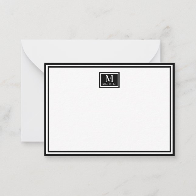 Minimalist Two Boarder Monogram Name Black Note Card (Front)
