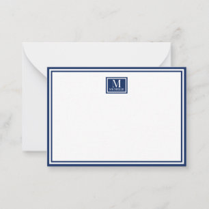 Minimalist Two Boarder Monogram Name Navy Blue Note Card