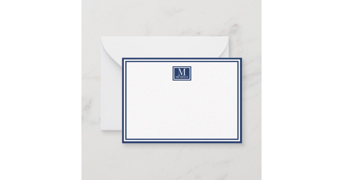 Minimalist Two Boarder Monogram Name Navy Blue Note Card | Zazzle