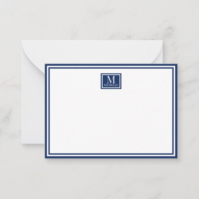 Minimalist Two Boarder Monogram Name Navy Blue Note Card (Front)