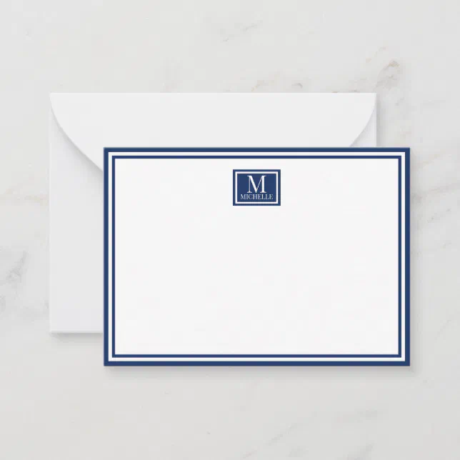 Minimalist Two Boarder Monogram Name Navy Blue Note Card | Zazzle