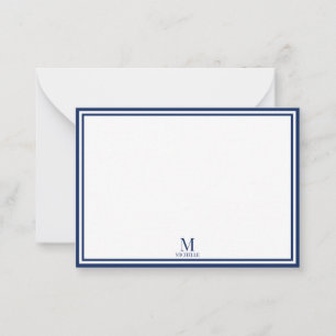Minimalist Two Boarder Monogram Name Navy Blue Note Card
