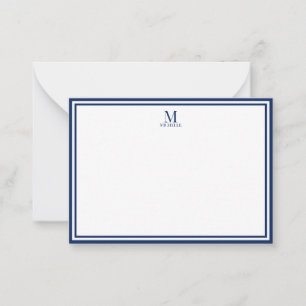 Minimalist Two Boarder Monogram Name Navy Blue Note Card